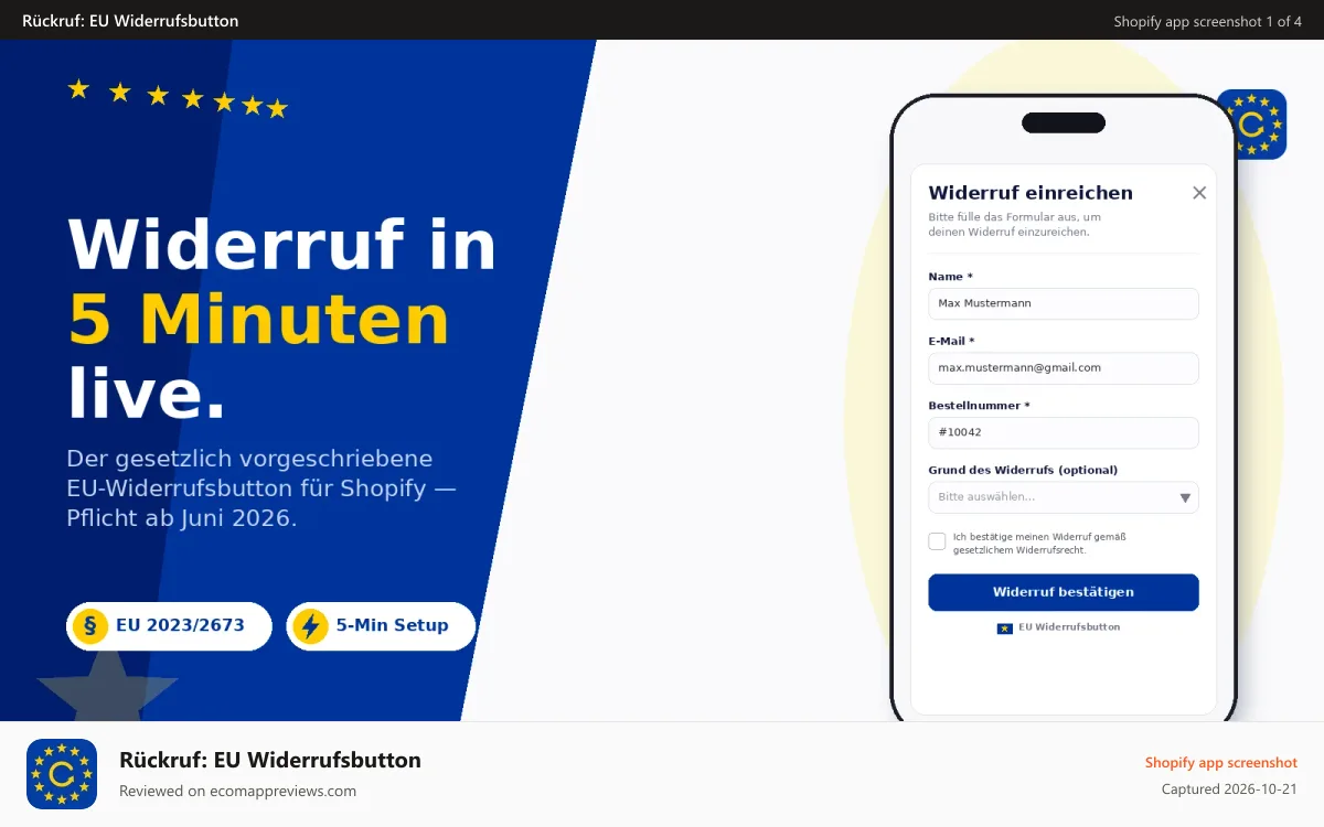 Rückruf: EU Widerrufsbutton Shopify app screenshot: EU Widerrufsbutton für Shopify – Widerrufsformular mobil