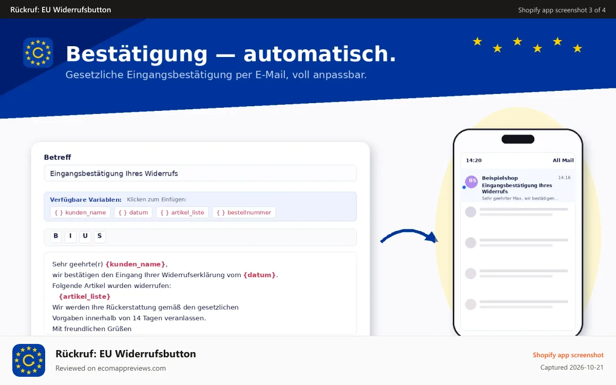 Rückruf: EU Widerrufsbutton Shopify app screenshot: Automatische Eingangsbestätigung per E-Mail mit Variablen