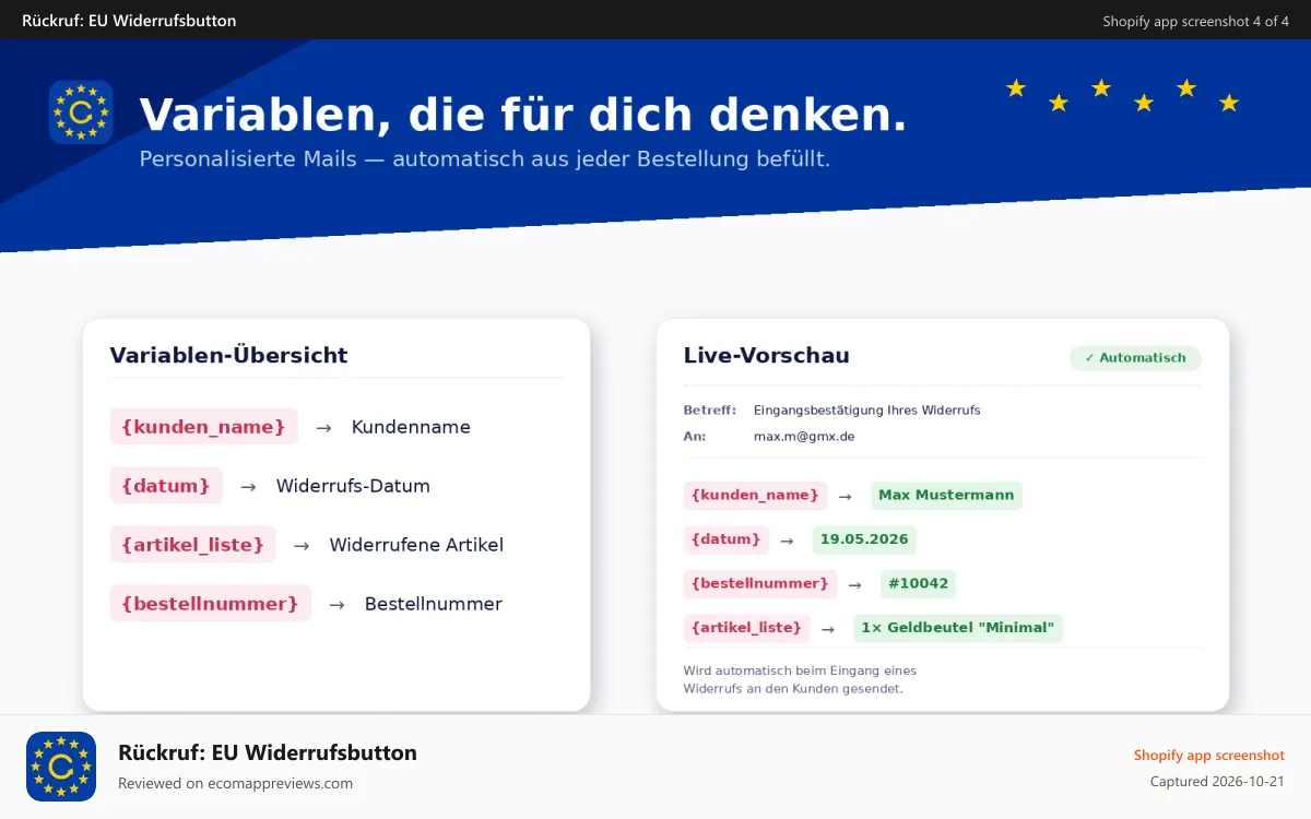 Rückruf: EU Widerrufsbutton Shopify app screenshot: Variablen befüllen Bestelldaten automatisch im Widerruf