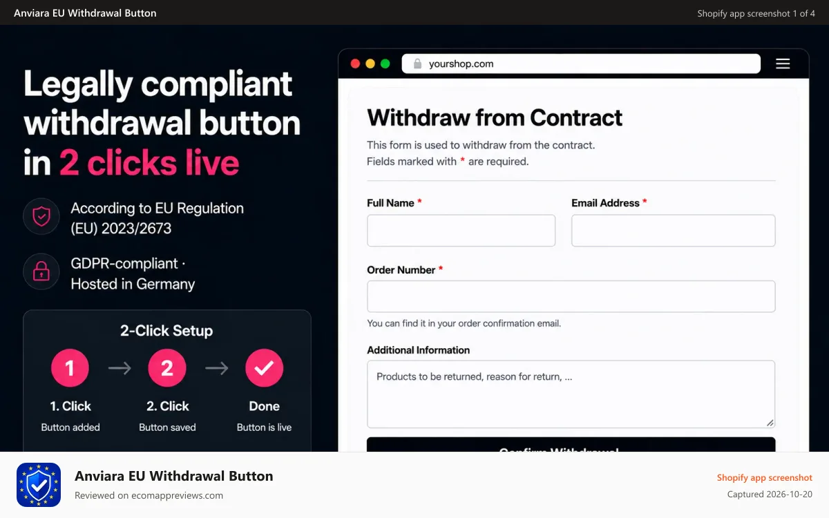 Anviara EU Withdrawal Button Shopify app screenshot: Withdrawal button per EU 2023/2673 added in 2 clicks