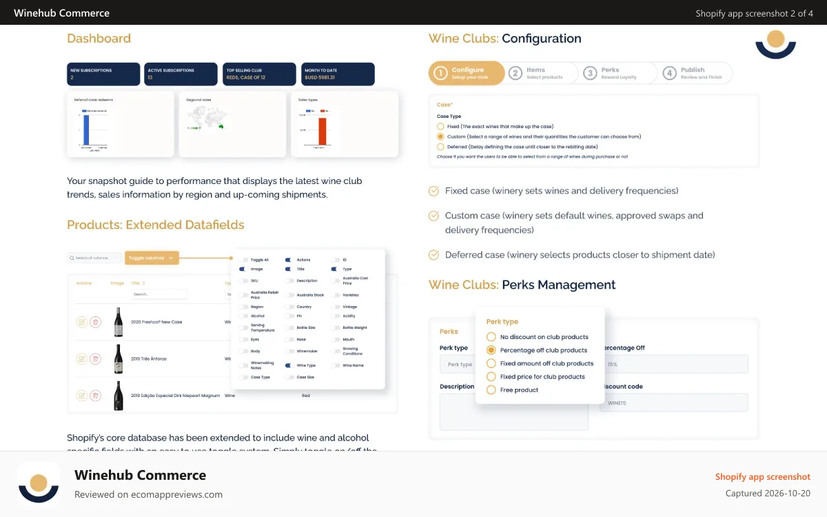 Winehub Commerce Shopify app screenshot: Wine Club Management