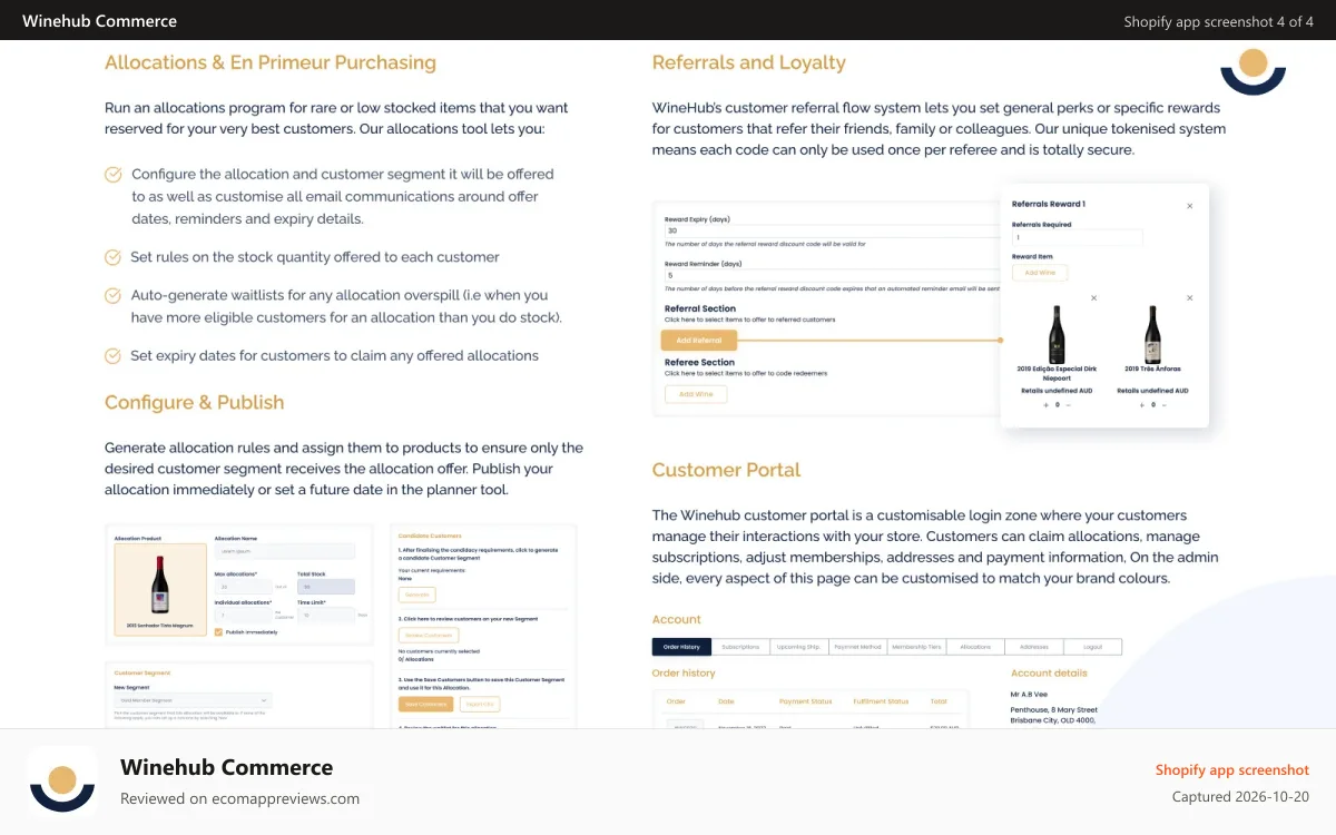 Winehub Commerce Shopify app screenshot: Allocations and Customer Portal