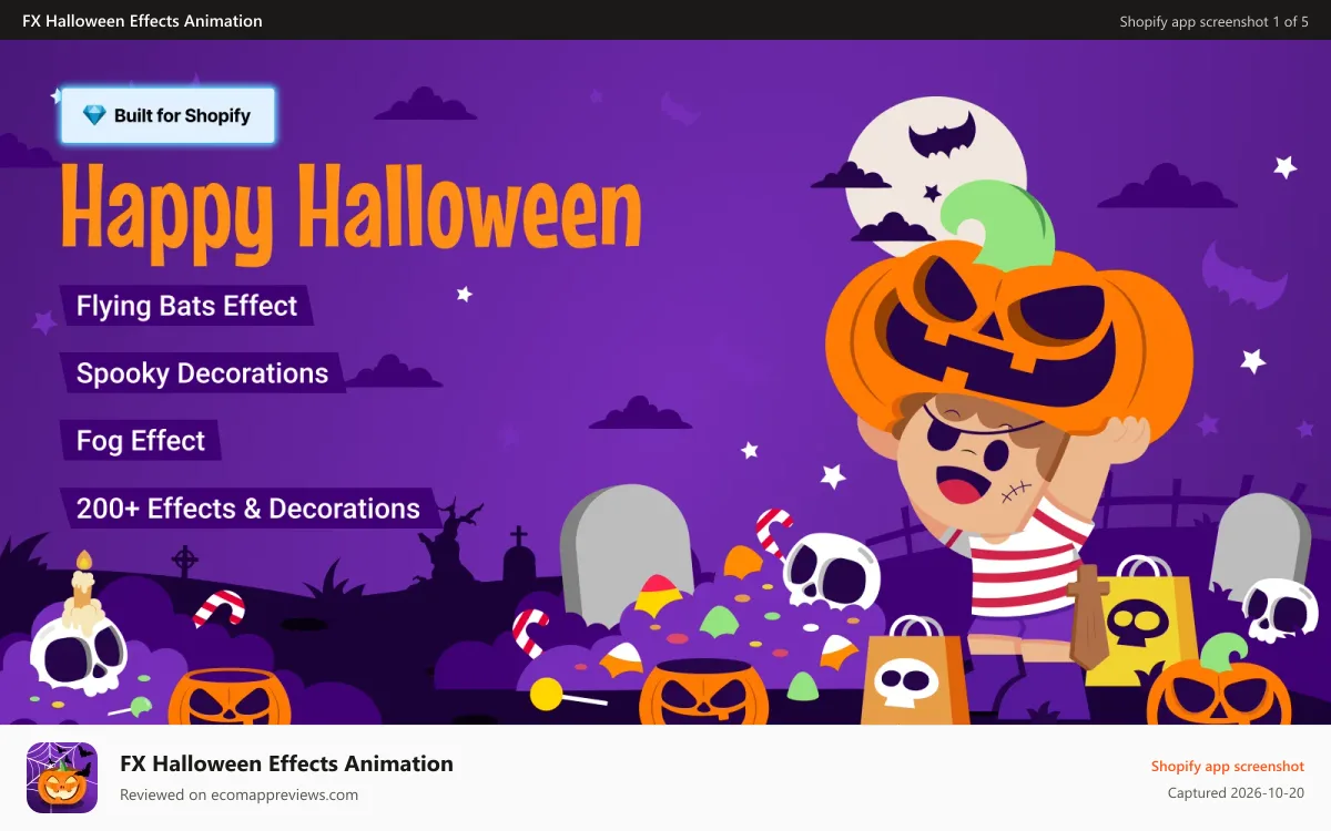 FX Halloween Effects Animation Shopify app screenshot: Add BFCM butterflies, sakura leaves, Halloween, Christmas snow