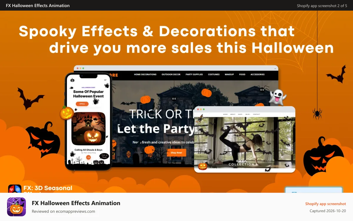 FX Halloween Effects Animation Shopify app screenshot: The Halloween, spiders, bats, fog and falling pumpkins effects
