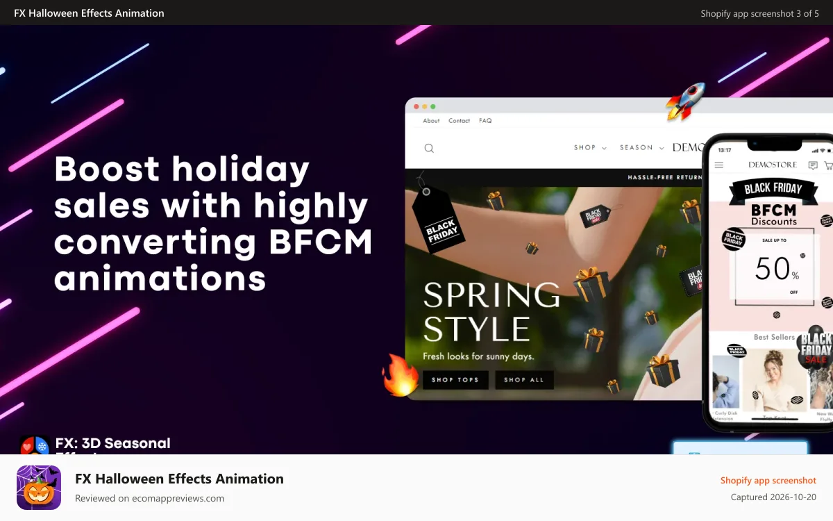 FX Halloween Effects Animation Shopify app screenshot: The Black Friday Cyber Monday BFCM falling effects in action