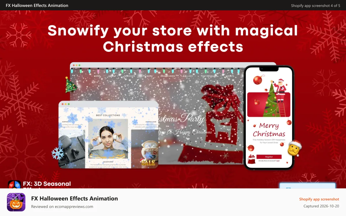 FX Halloween Effects Animation Shopify app screenshot: The Christmas falling snow effect and decorations in action