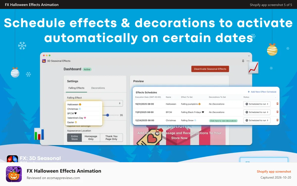 FX Halloween Effects Animation Shopify app screenshot: The Effects Scheduler dashboard page of the app
