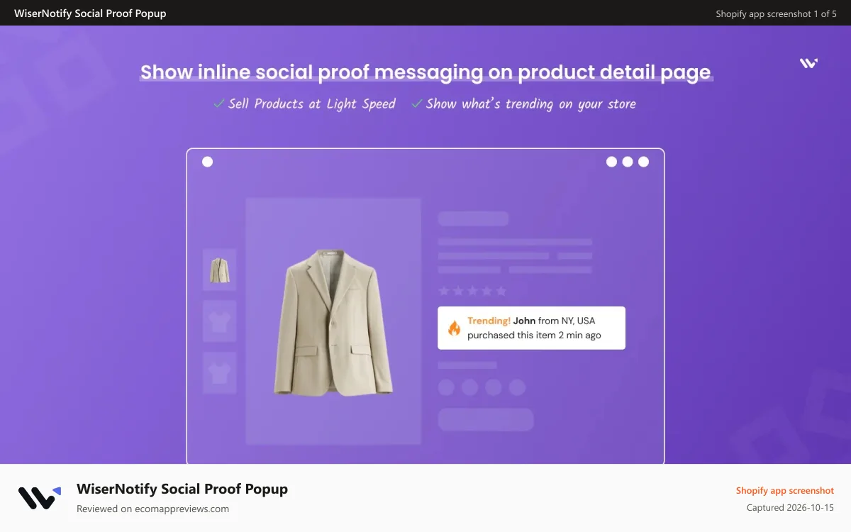 WiserNotify Social Proof Popup Shopify app screenshot: Show inline social proof messaging on product catalogue page