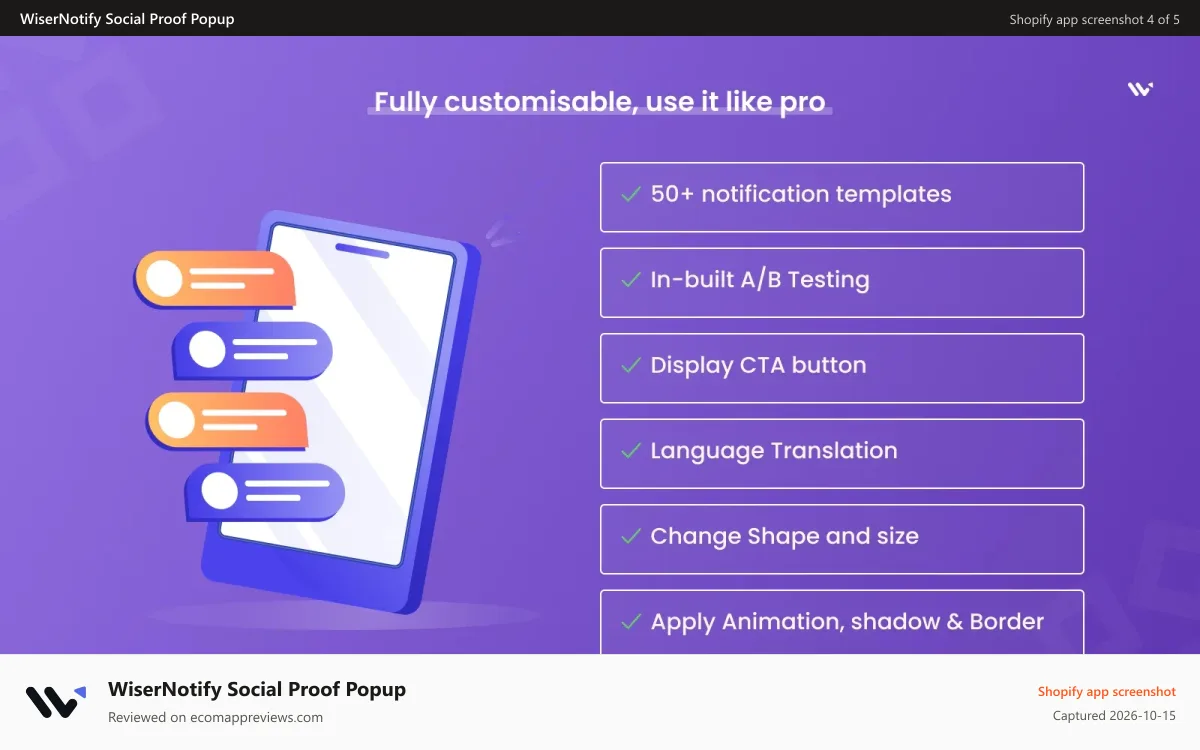 WiserNotify Social Proof Popup Shopify app screenshot: Fully customisable, use it like pro