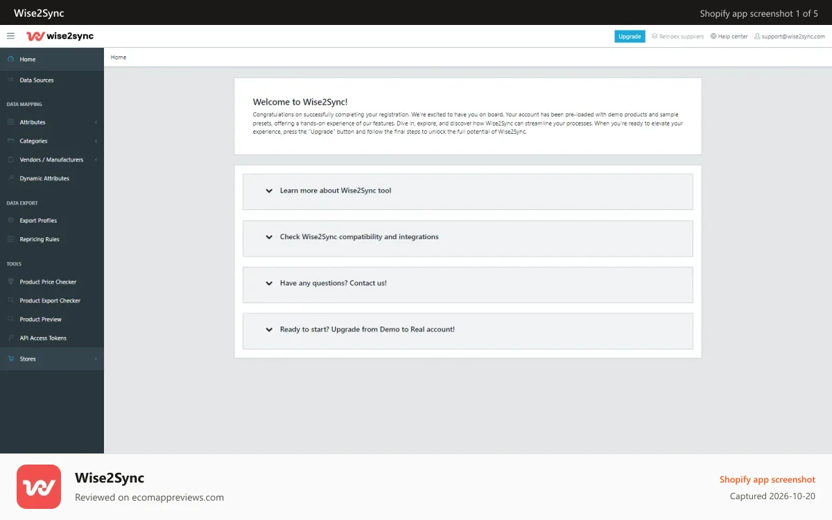 Wise2Sync Shopify app screenshot: Dashboard