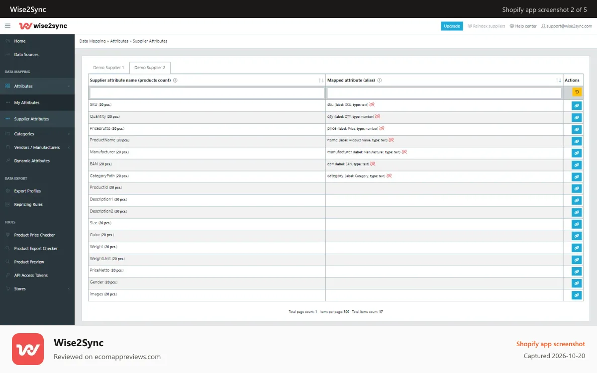 Wise2Sync Shopify app screenshot: Supplier Attributes