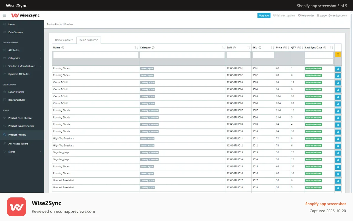 Wise2Sync Shopify app screenshot: Product Preview