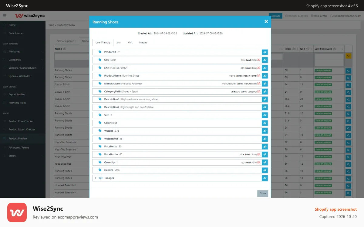 Wise2Sync Shopify app screenshot: Product Preview Information about Product