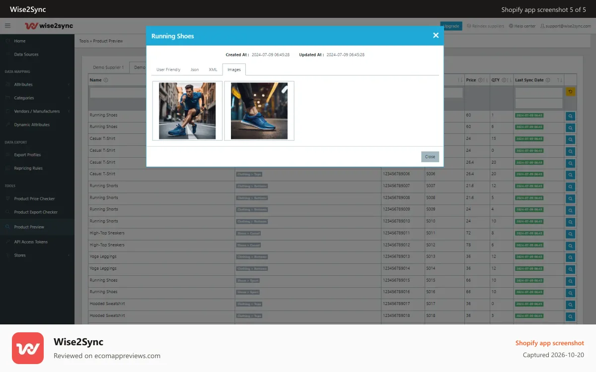 Wise2Sync Shopify app screenshot: Product Preview Pictures