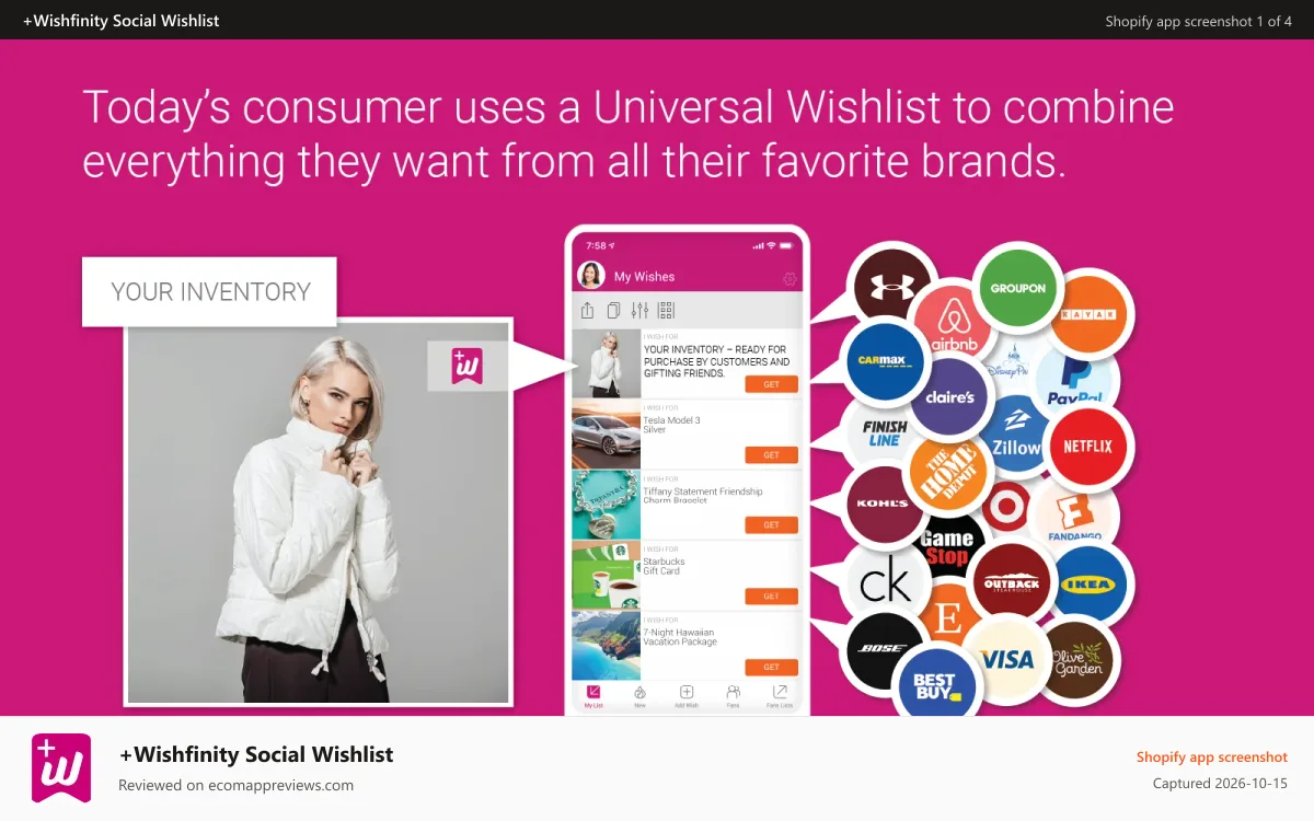 +Wishfinity Social Wishlist Shopify app screenshot: Easily Integrate with Wishfinity Universal Wishlist
