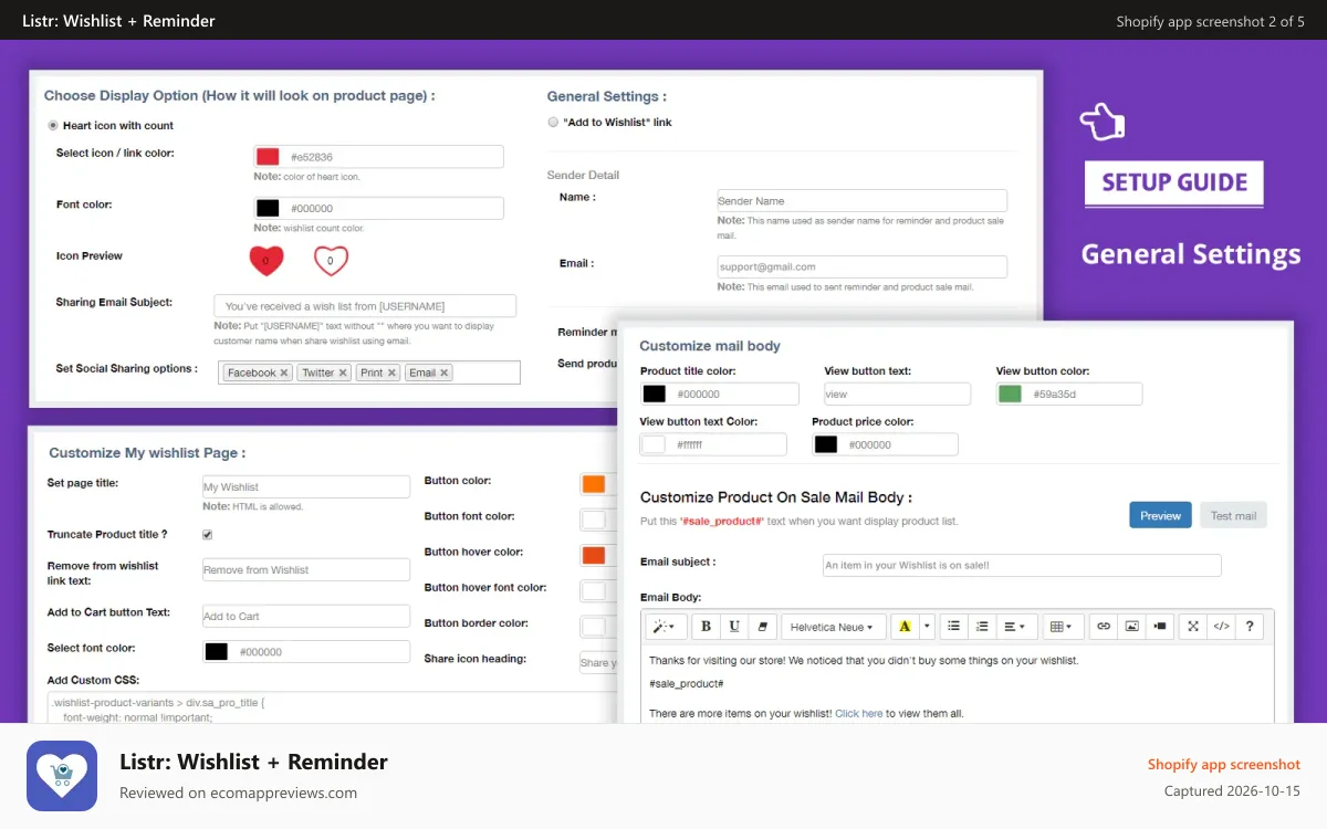 Listr: Wishlist + Reminder Shopify app screenshot: shopify app setup for wishlist + share + reminder