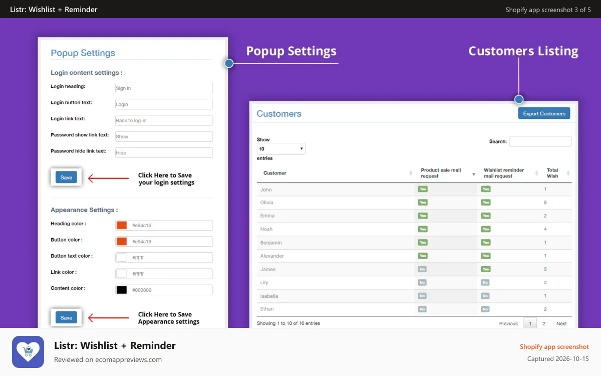 Listr: Wishlist + Reminder Shopify app screenshot: login popup design settings and customers list for wishlist