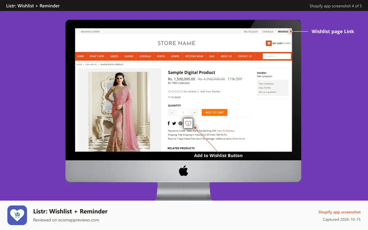 Listr: Wishlist + Reminder Shopify app screenshot: add to wishlist option on product detail page