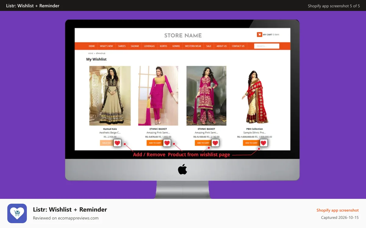 Listr: Wishlist + Reminder Shopify app screenshot: customizable my wishlist page