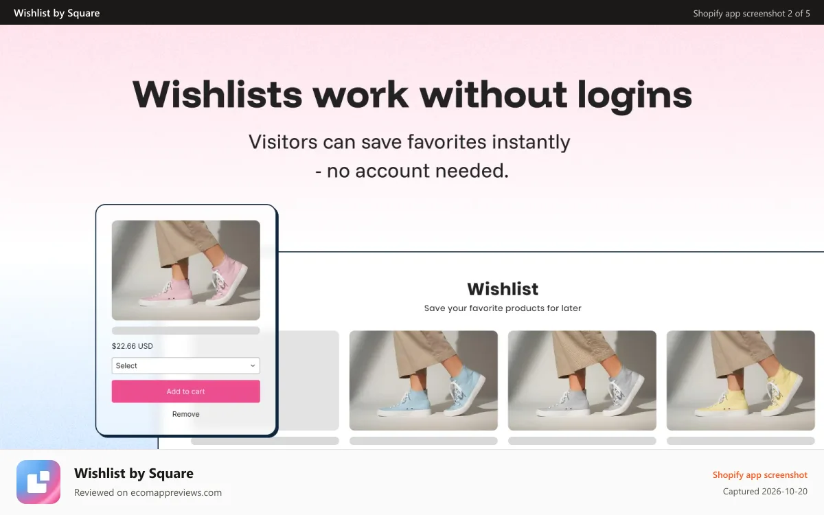 Wishlist by Square Shopify app screenshot: With Square Wishlists visitors can save favorites instantly