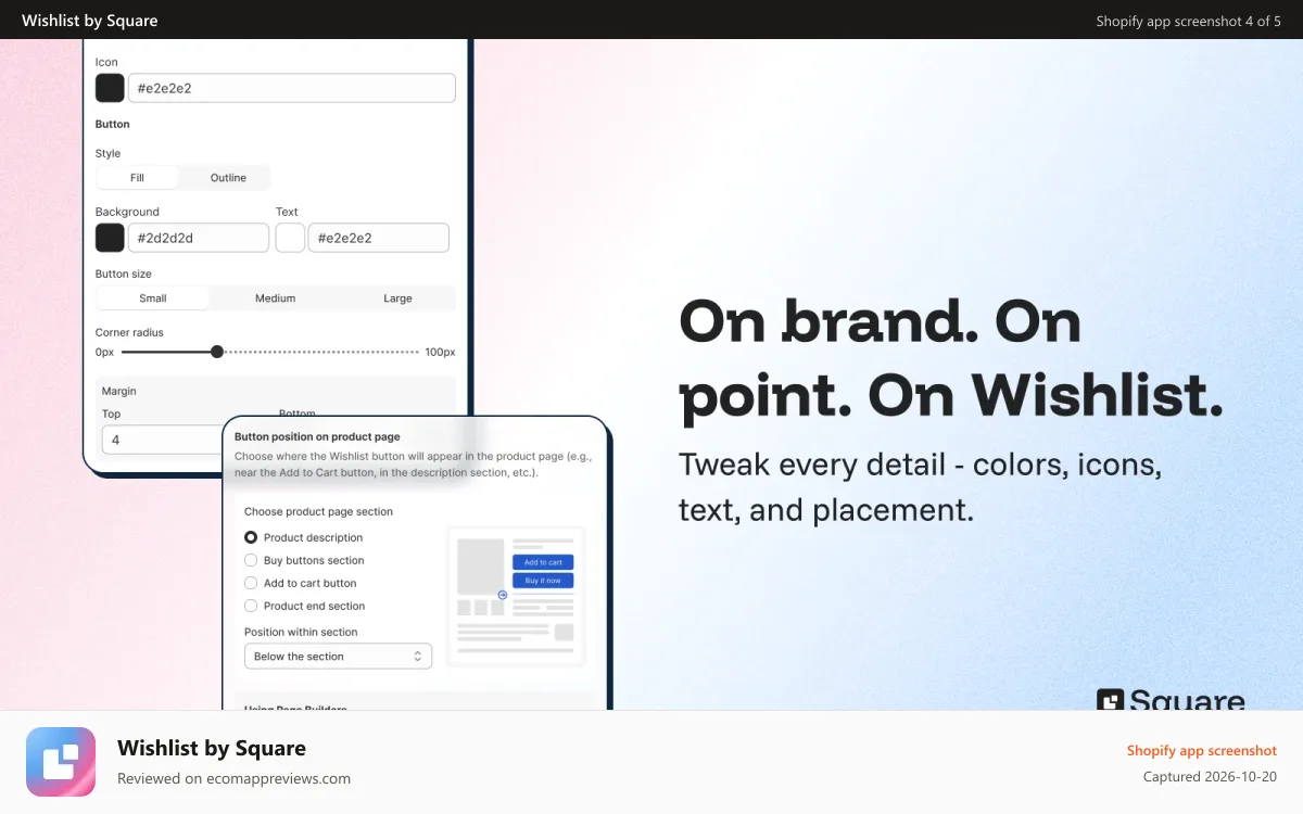 Wishlist by Square Shopify app screenshot: Customize colors, icons, text, and placement.