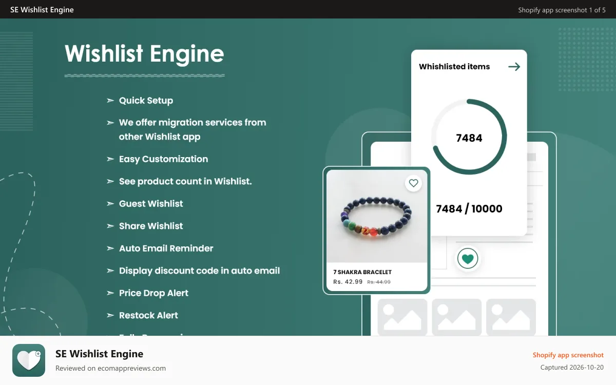 SE Wishlist Engine Shopify app screenshot: Wishlist Engine. Add to wishlist from anywhere, save for later.