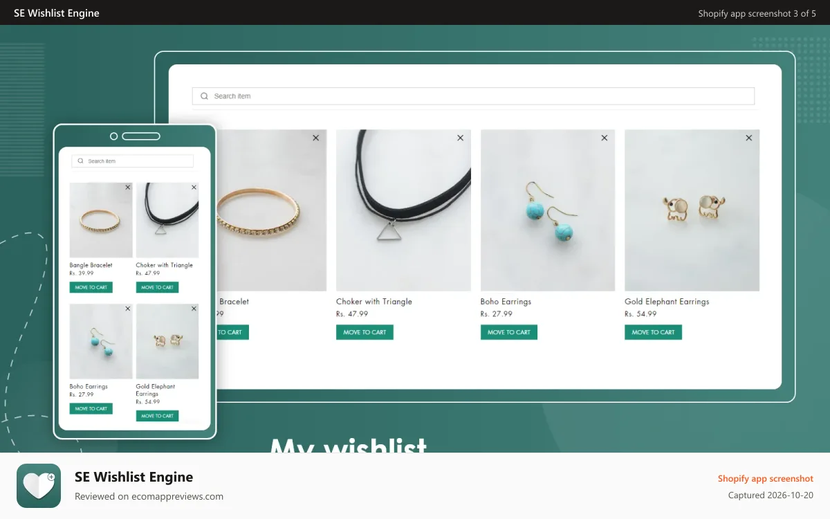 SE Wishlist Engine Shopify app screenshot: The Wishlist Page. Add to Cart, remove & share via social media.