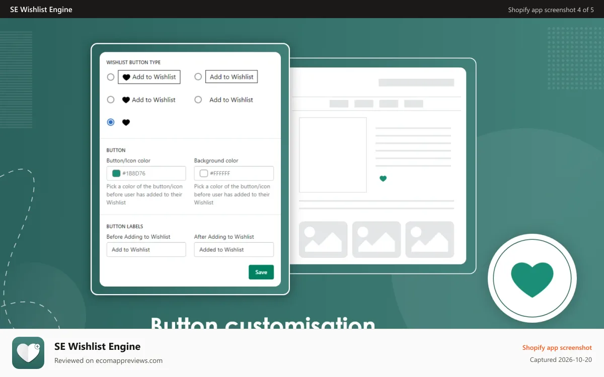 SE Wishlist Engine Shopify app screenshot: Numerous wishlist page customizations for wishlist buttons.