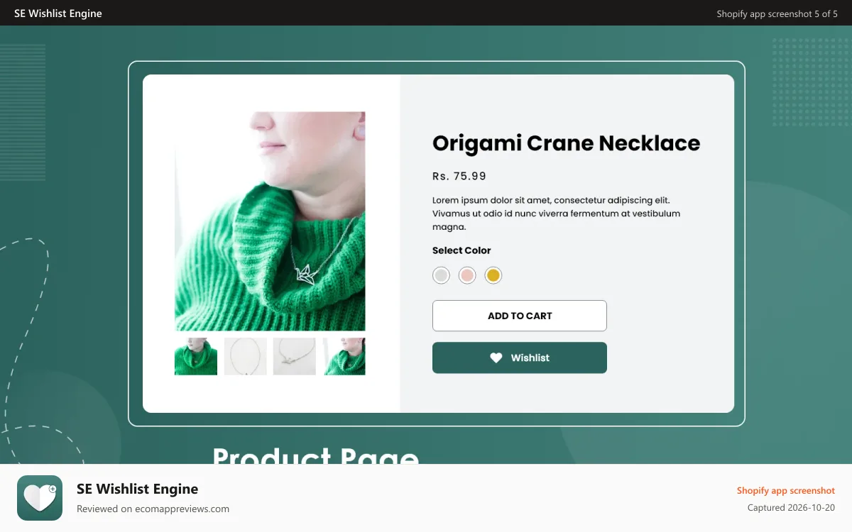 SE Wishlist Engine Shopify app screenshot: Add to the Wishlist from Product Page with selected variant.