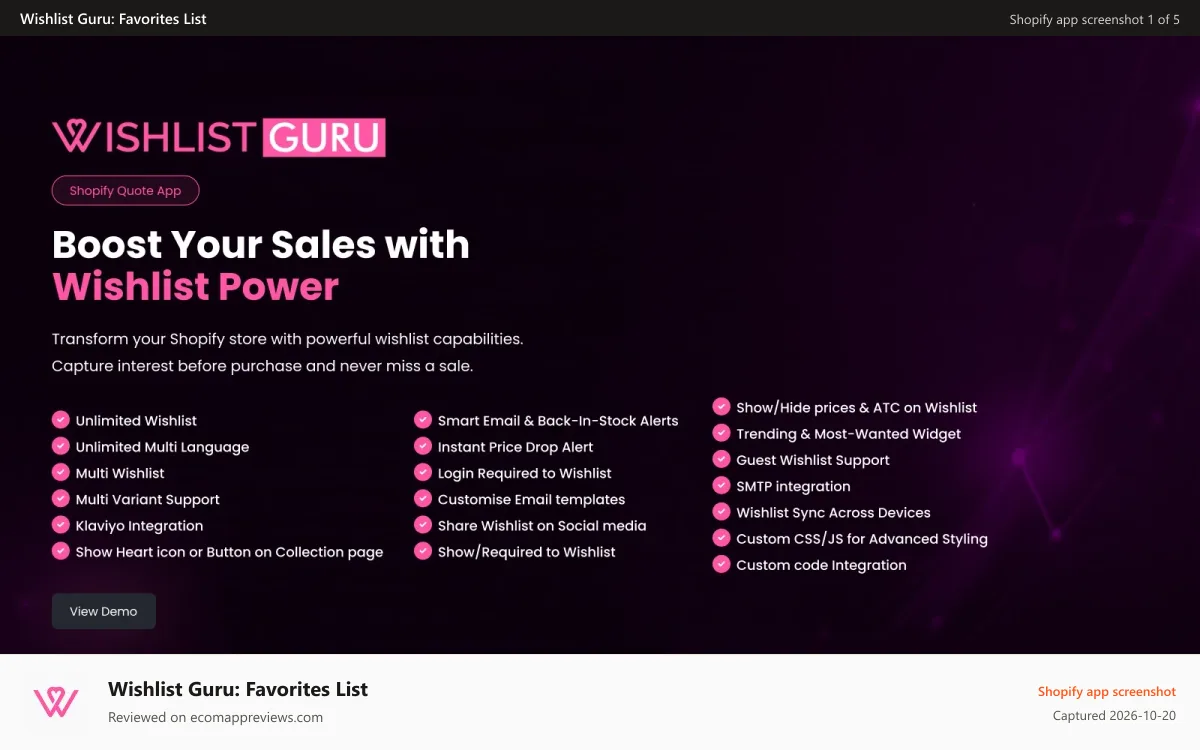 Wishlist Guru: Favorites List Shopify app screenshot: Wishlist Guru Feature