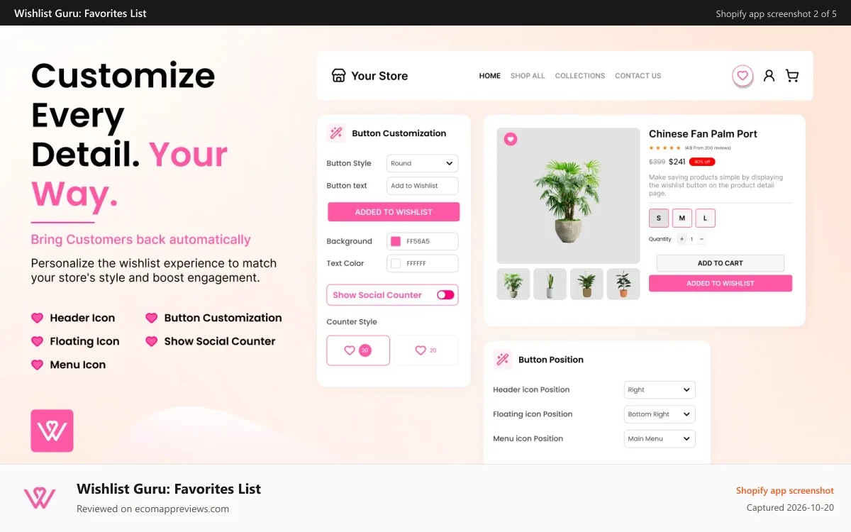 Wishlist Guru: Favorites List Shopify app screenshot: button customization