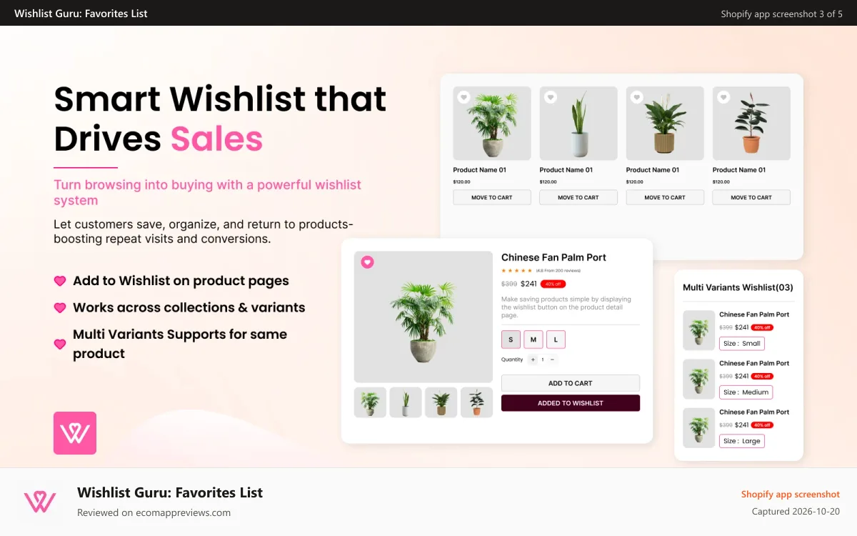 Wishlist Guru: Favorites List Shopify app screenshot: Multi variants and show wishlist on PDP , Collection