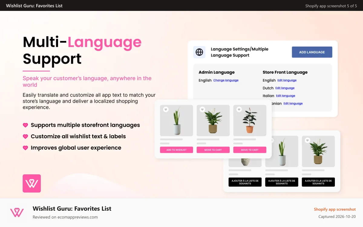 Wishlist Guru: Favorites List Shopify app screenshot: Multi- language support