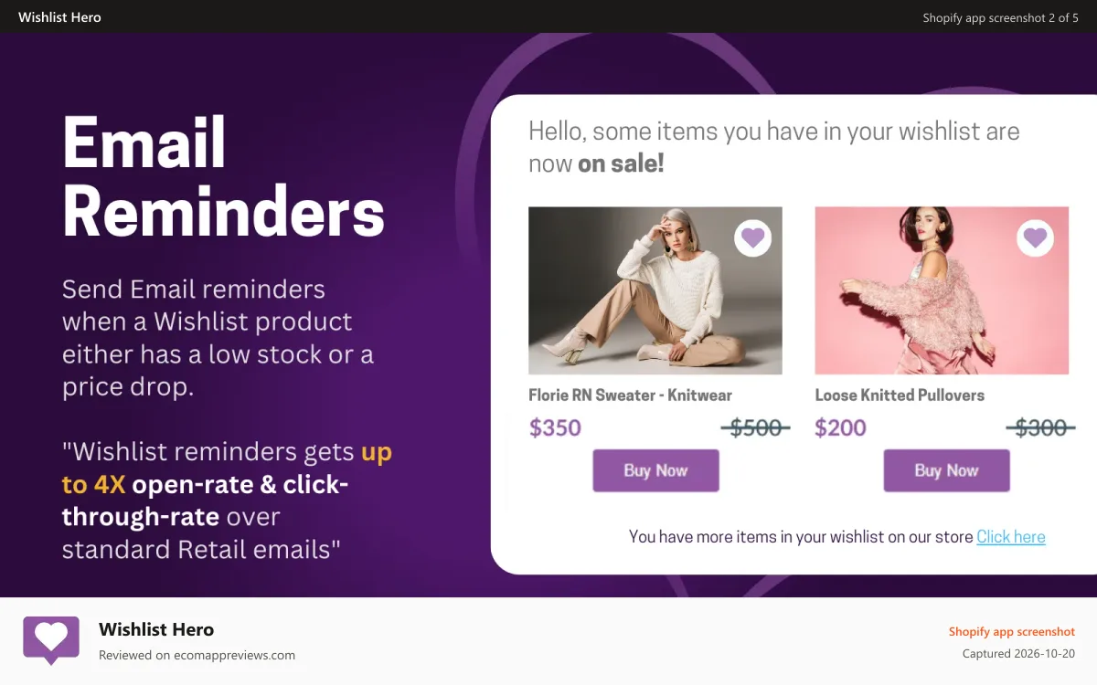 Wishlist Hero Shopify app screenshot: Email Reminders