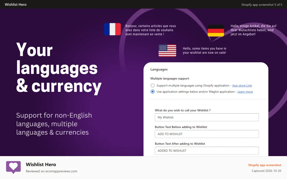 Wishlist Hero Shopify app screenshot: Your languages