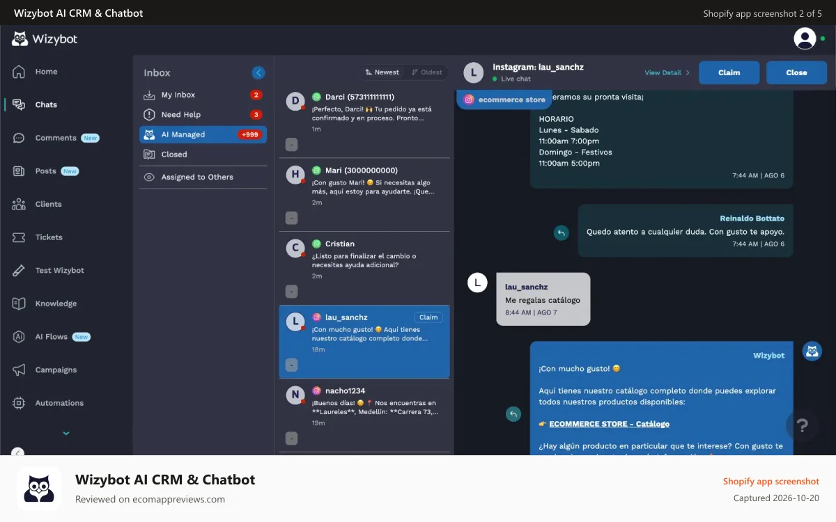 Wizybot AI CRM & Chatbot Shopify app screenshot: Wizybot chat