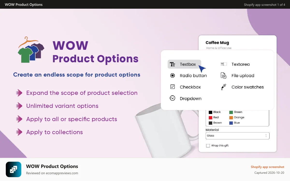 WOW Product Options Shopify app screenshot: WOW Product Options Shopify App