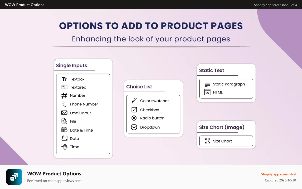 WOW Product Options Shopify app screenshot: Options to Add to Product Pages