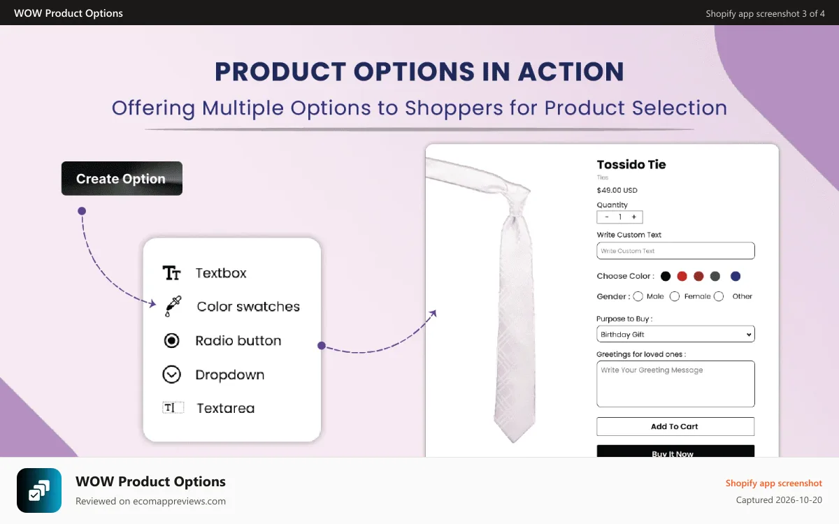 WOW Product Options Shopify app screenshot: Product Options in Action