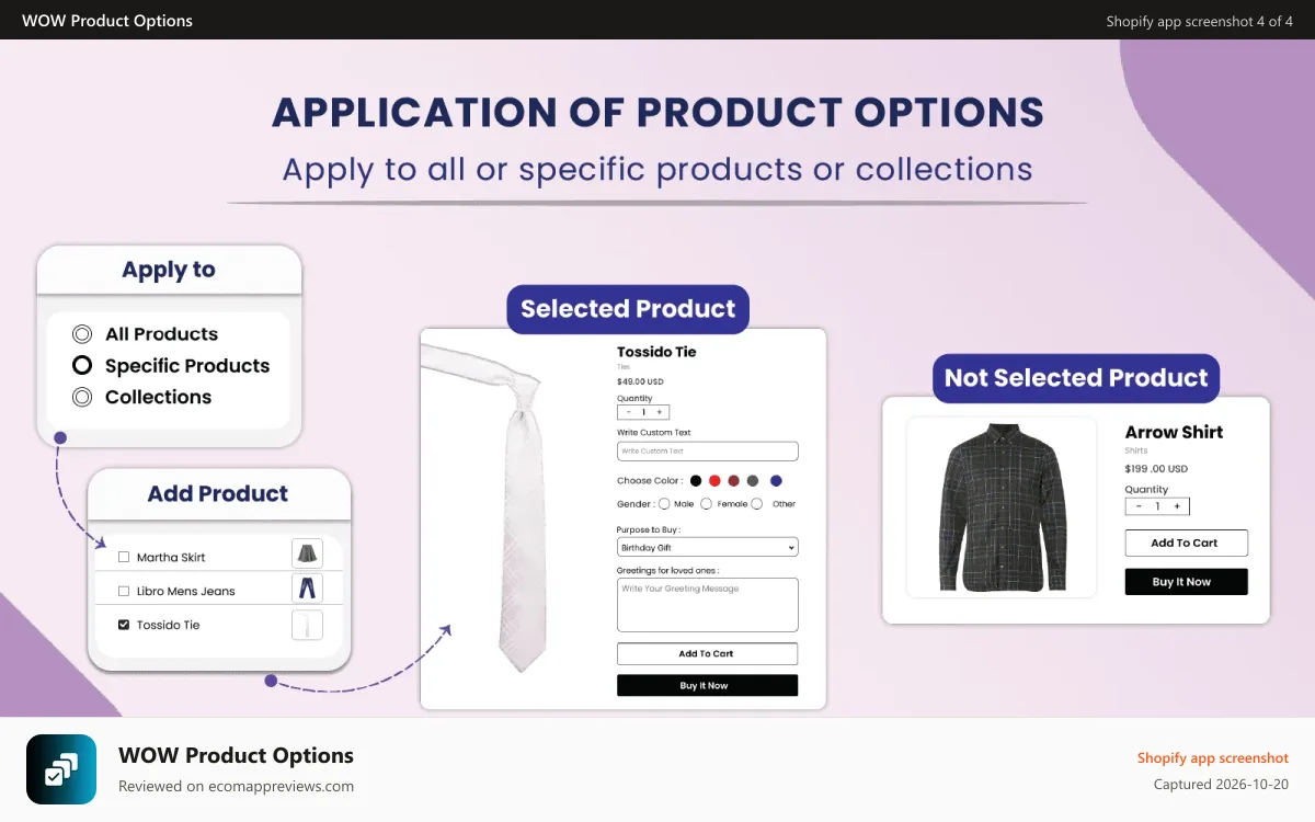 WOW Product Options Shopify app screenshot: Application of Product Options