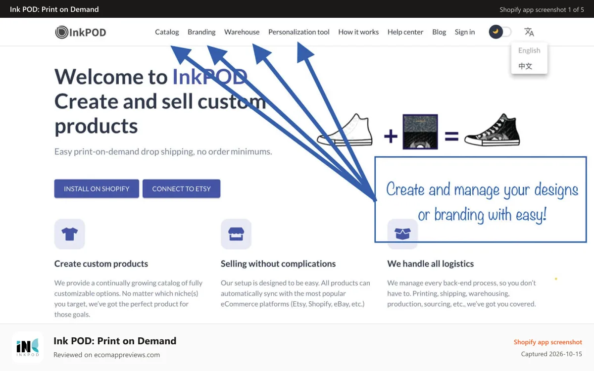 Ink POD: Print on Demand Shopify app screenshot: Create and manage your designs or branding with easy!