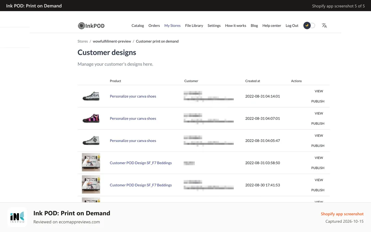 Ink POD: Print on Demand Shopify app screenshot: manage-customer-designs