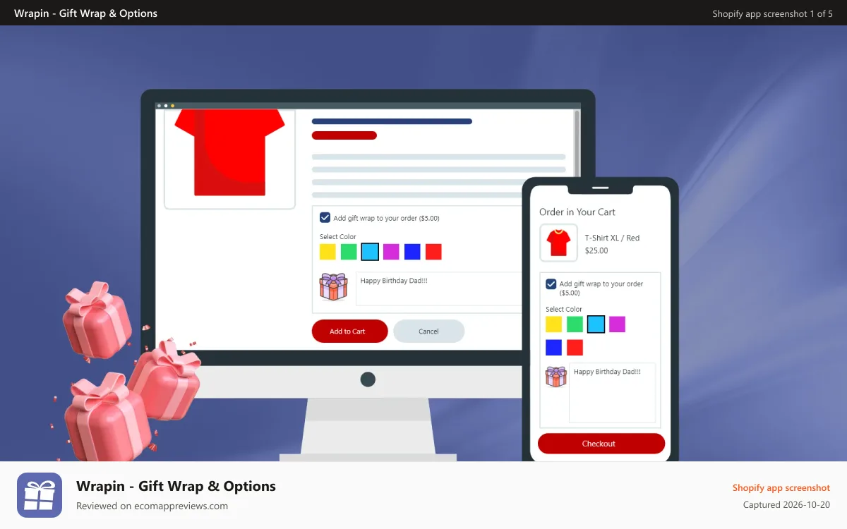 Wrapin ‑ Gift Wrap & Options Shopify app screenshot: Wrapin - Gift Wrap & Gift Options