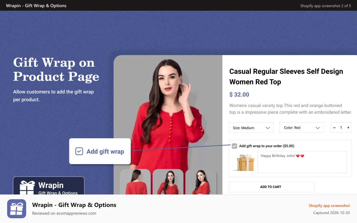 Wrapin ‑ Gift Wrap & Options Shopify app screenshot: Product Page