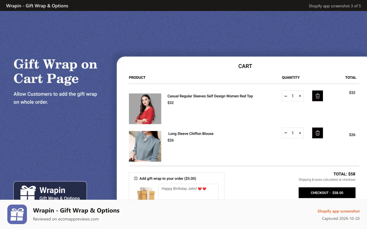 Wrapin ‑ Gift Wrap & Options Shopify app screenshot: Cart Page
