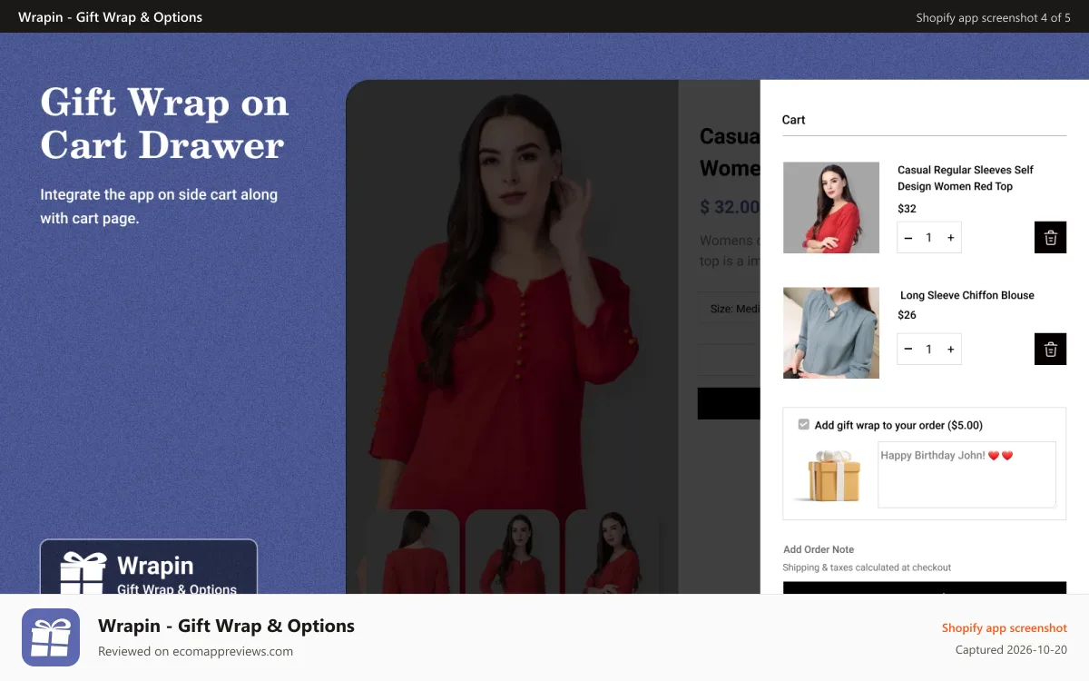 Wrapin ‑ Gift Wrap & Options Shopify app screenshot: Side Cart