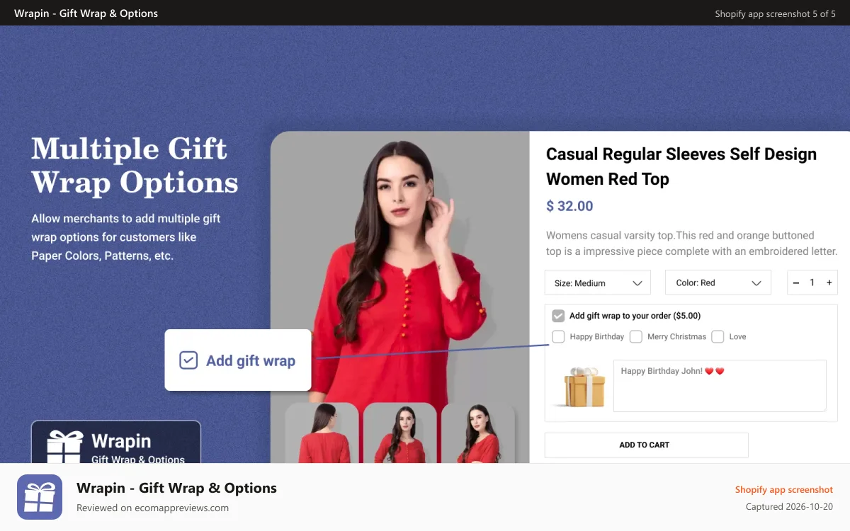 Wrapin ‑ Gift Wrap & Options Shopify app screenshot: Multiple Gift Wrap Options