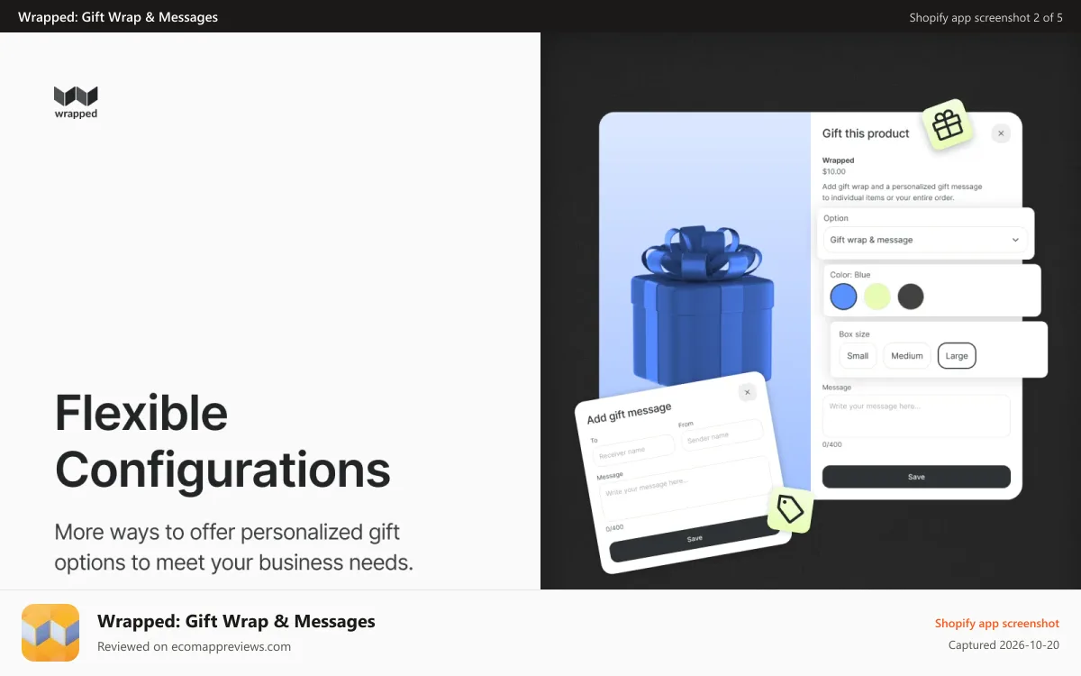 Wrapped: Gift Wrap & Messages Shopify app screenshot: Flexible customizations with many configurations for your needs