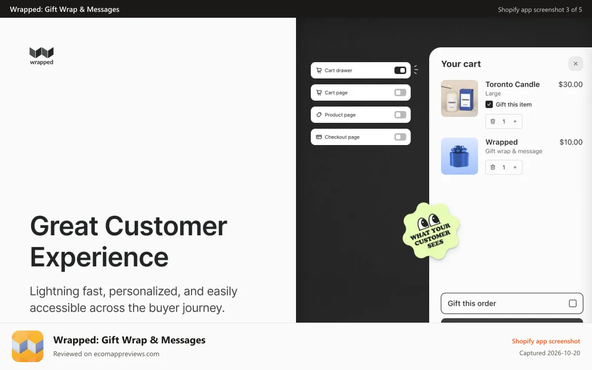 Wrapped: Gift Wrap & Messages Shopify app screenshot: An intuitive customer experience from product page to cart