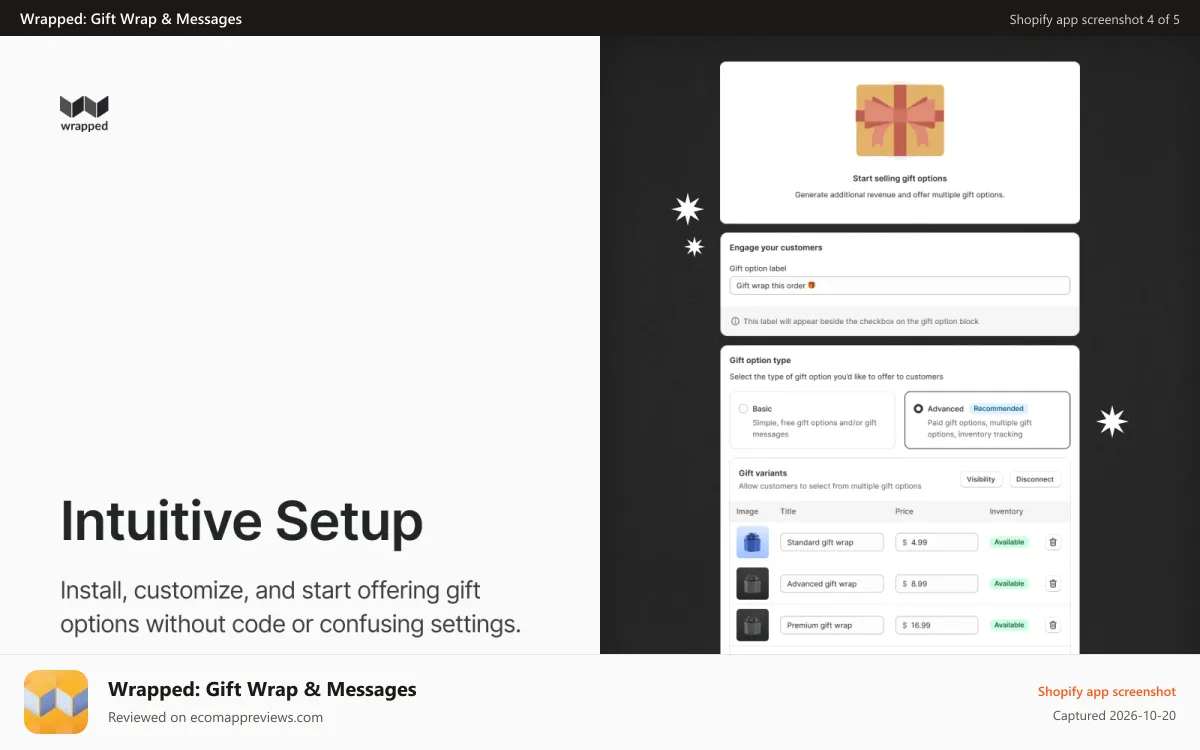 Wrapped: Gift Wrap & Messages Shopify app screenshot: Easy to install, customize, and publish gift options